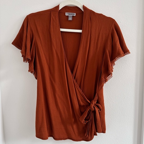Ruffle Wrap Blouse in Terracotta Orange - Picture 6 of 9